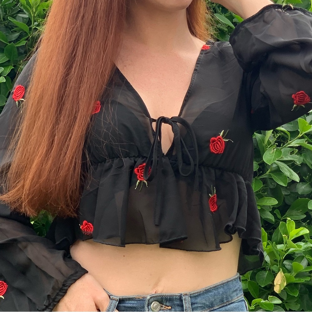 Black Floral Embroidered Women's Top